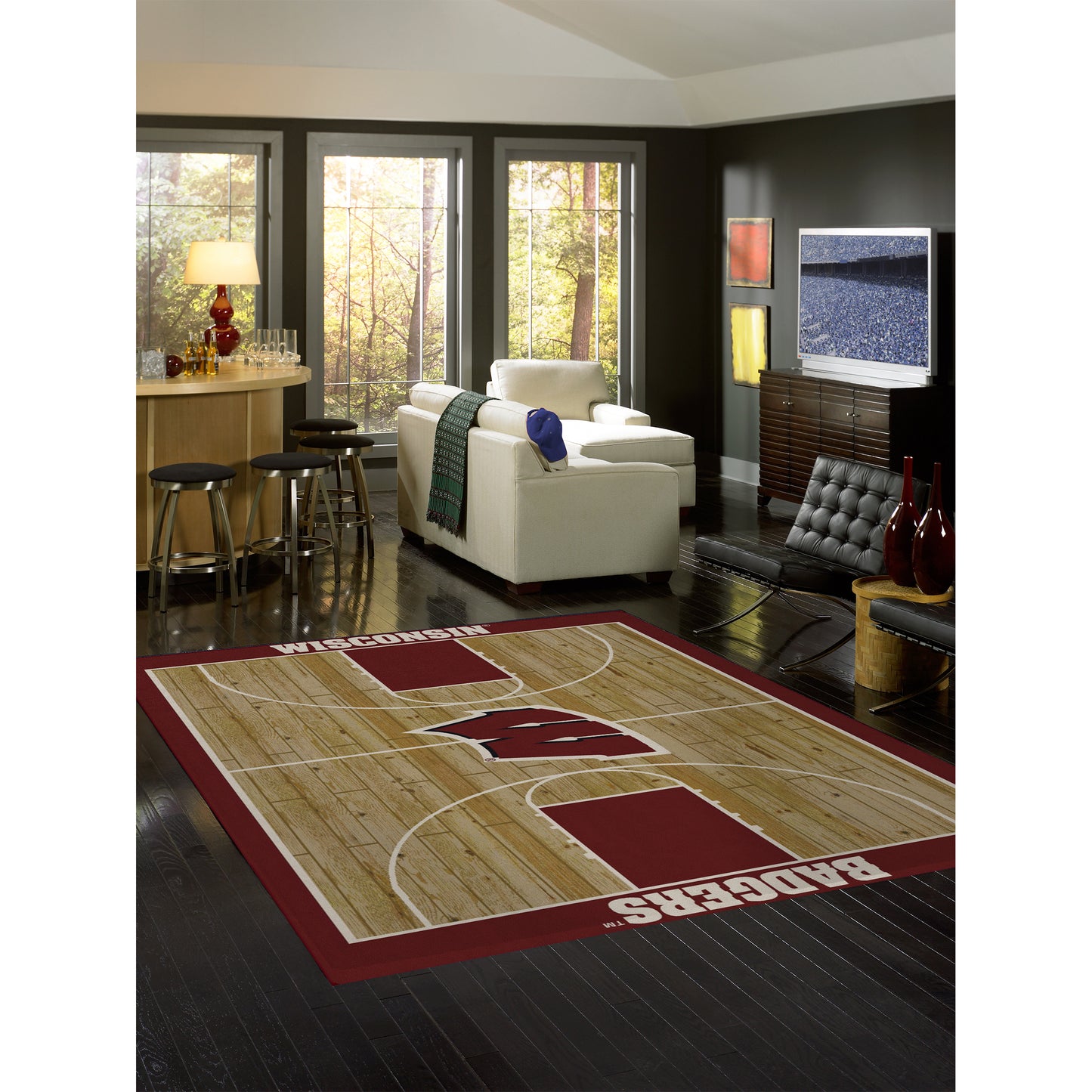 Wisconsin Badgers courtside style area rug lifestyle