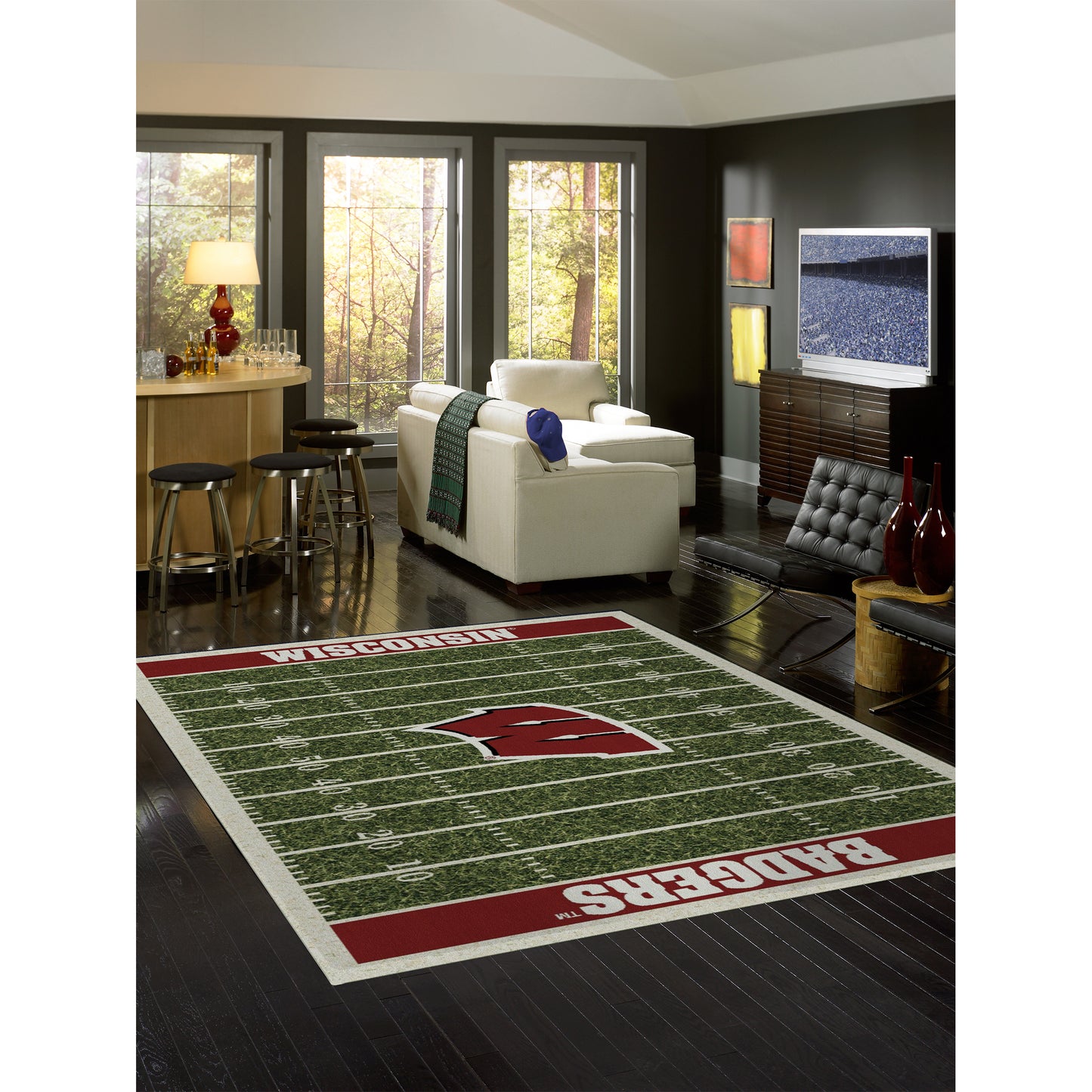 Wisconsin Badgers home field style area rug lifestyle