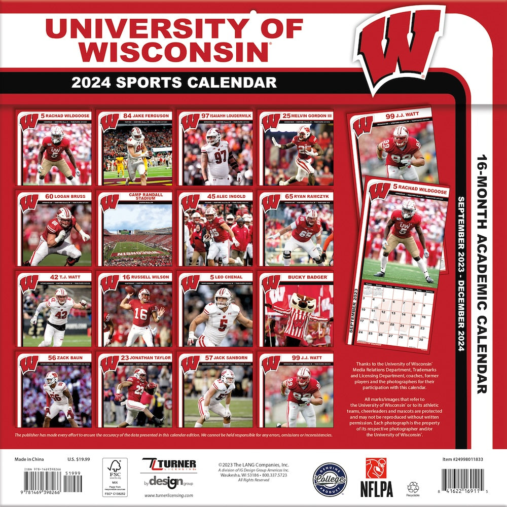 Wisconsin Badgers Team Photos Wall Calendar Back