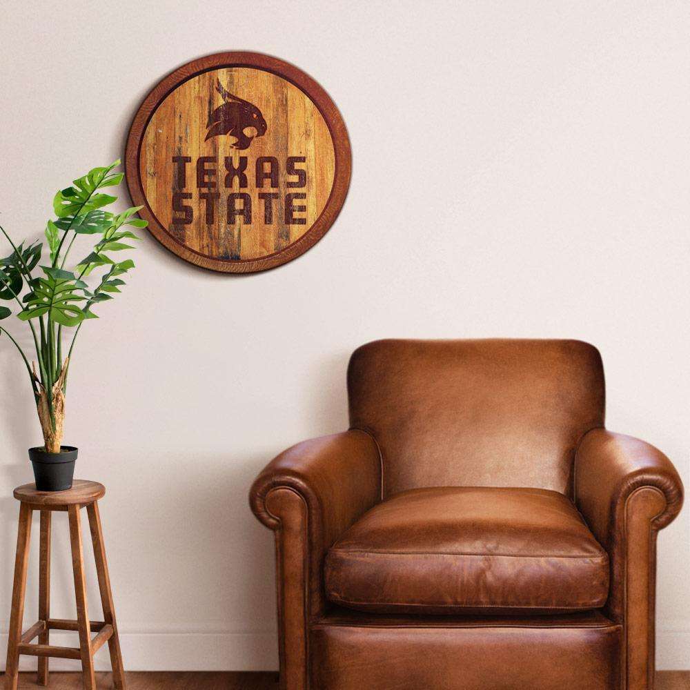 Texas State Bobcats Branded Barrel Top Sign Room View