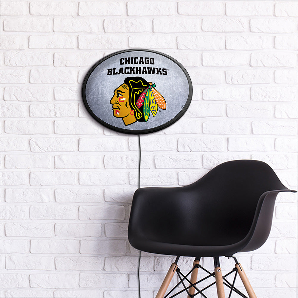 Chicago Blackhawks Ice Rink Slimline Oval Lighted Wall Sign Room View